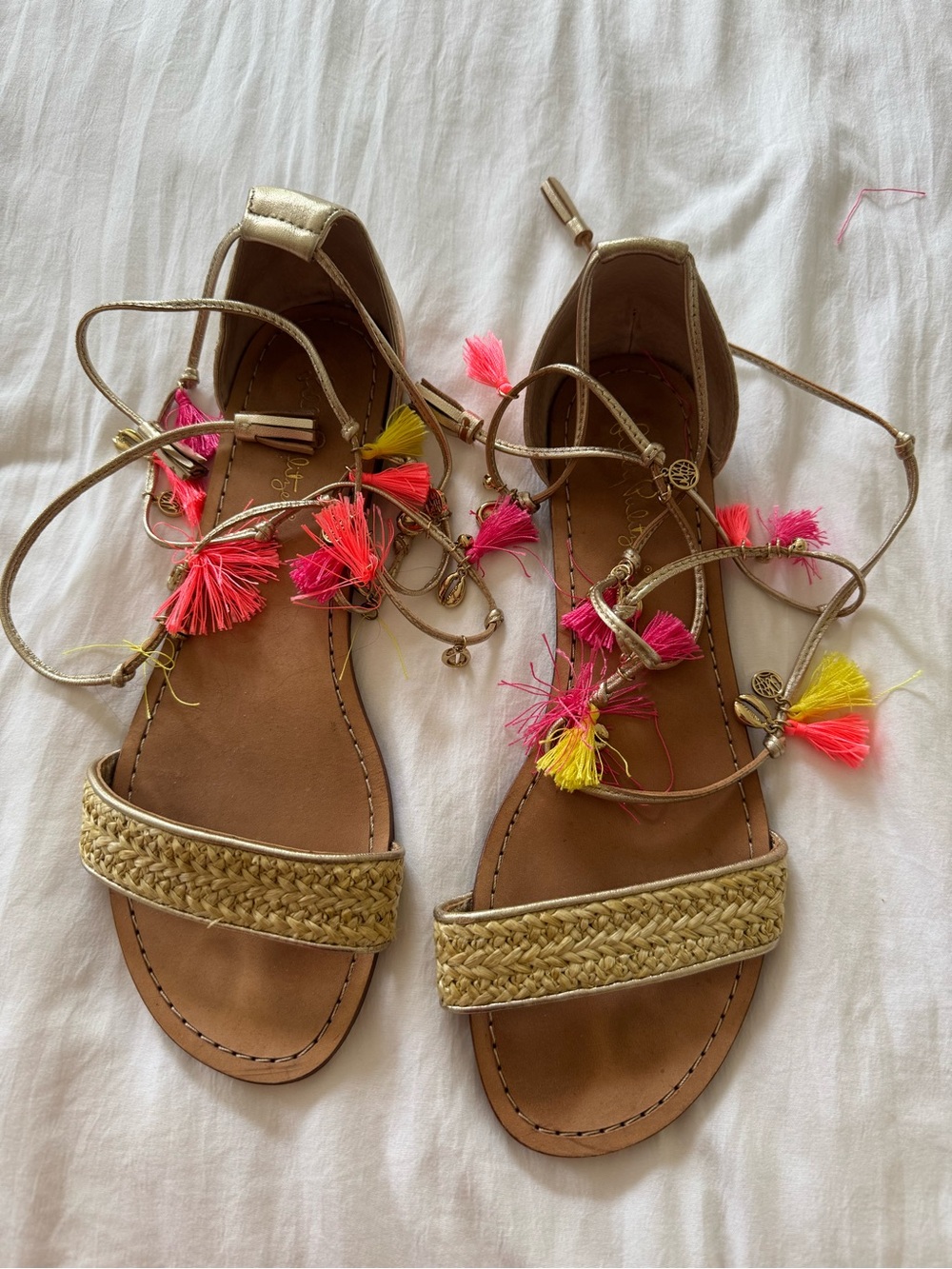 Gold Braided Strap Sandals with Pink & Yellow Tassels